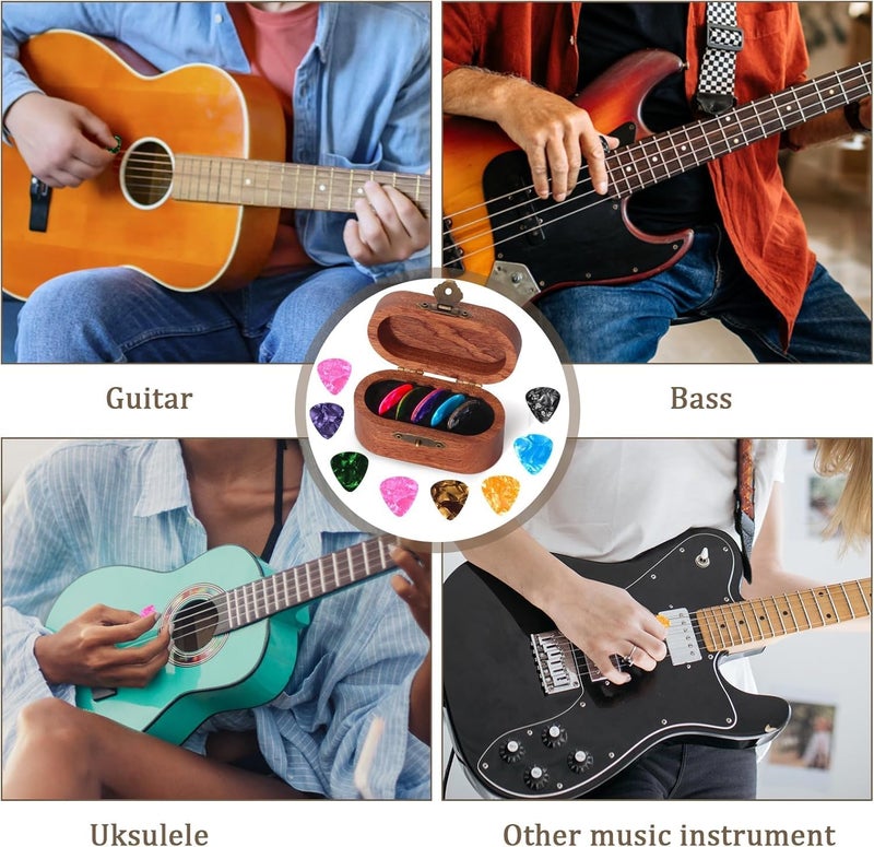 DoubleCare Wooden Guitar Pick Case Set with 12 Celluloid Picks in 3 Thicknesses, Premium Guitar Pick Holder, Mini Jewelry Box, Guitar and Bass Gift - Image 5